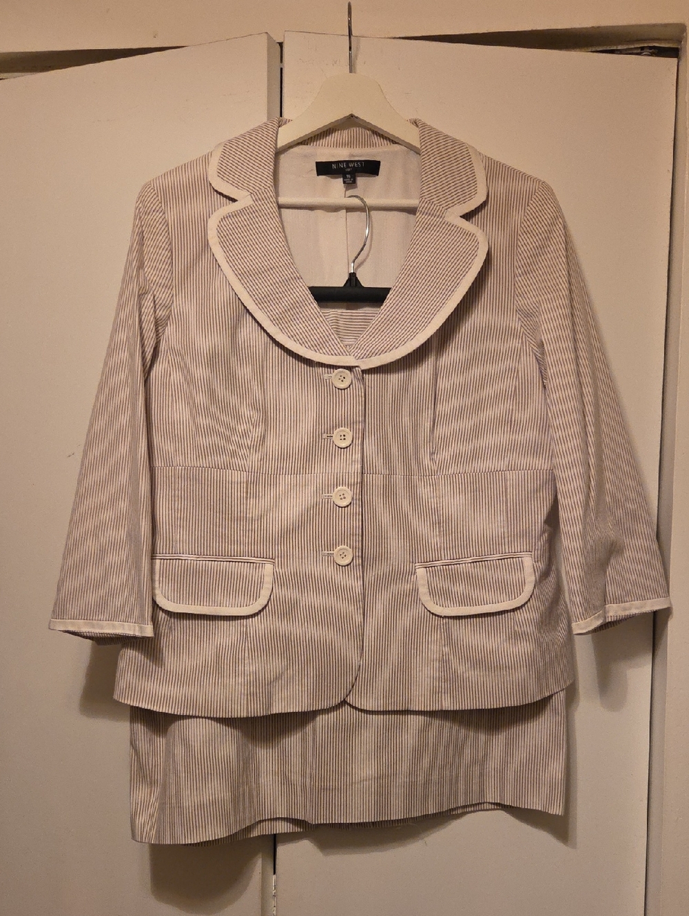 Nine West Cream and Tan Striped Blazer with Contrast Trim With Skirt